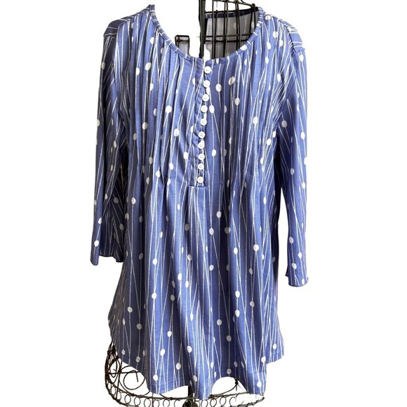 NoraCora Tunic Top  XL Blue White Polkadot Jersey Fabric Button Pleaded … - Picture 1 of 12